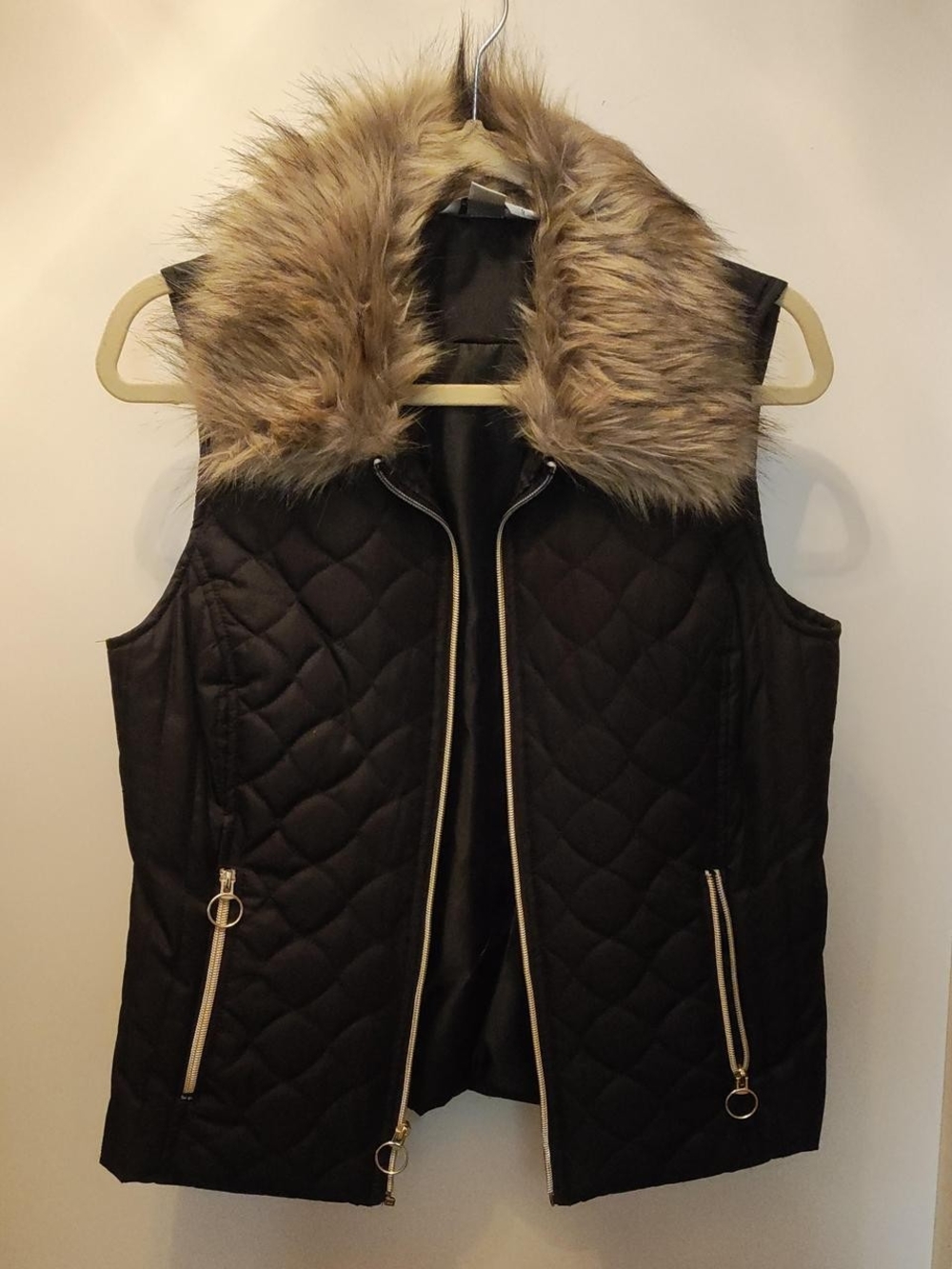 Christopher & Banks Black Quilted Vest with Faux Fur Trim